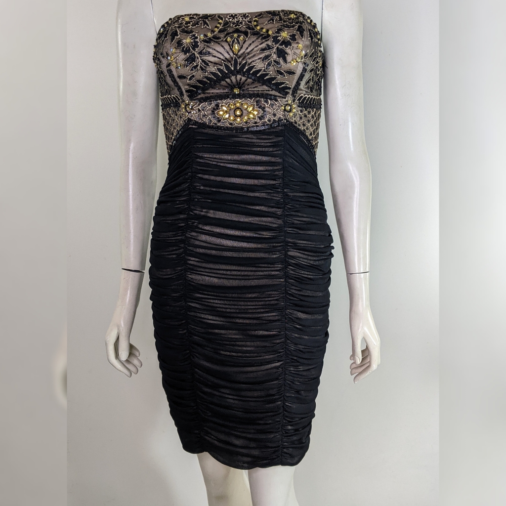 Sue Wong Black Gold Strapless Beaded Ruched Dress 4